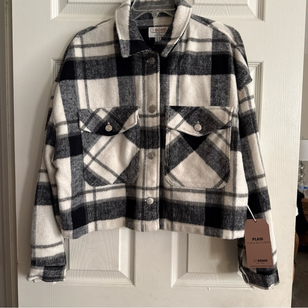 Ci Sono Cropped Flannel Shirt Jacket Size Medium Thiago Plaid Button Front Black
